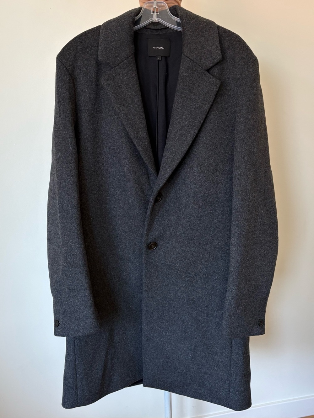 Vince Mens Classic Wool-Blend Charcoal Gray Quiet Luxury Over Coat EUC Size L